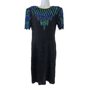 BOGO Stenay Silk Beaded Dress Sheath Short Sleeves Blue Black Peacock Feathers 6